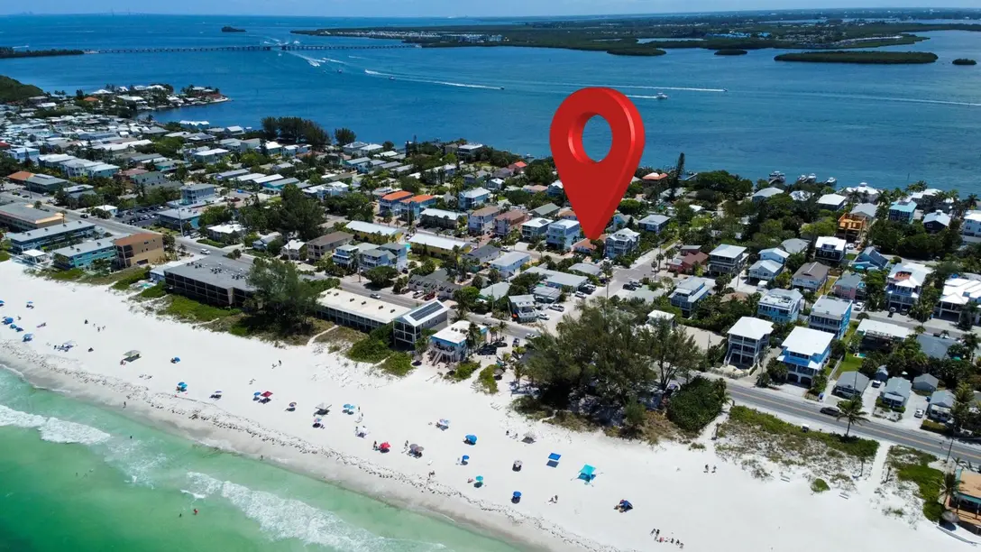 Aerial of the Bradenton Beach shoreline near the Happy Turtle duplex