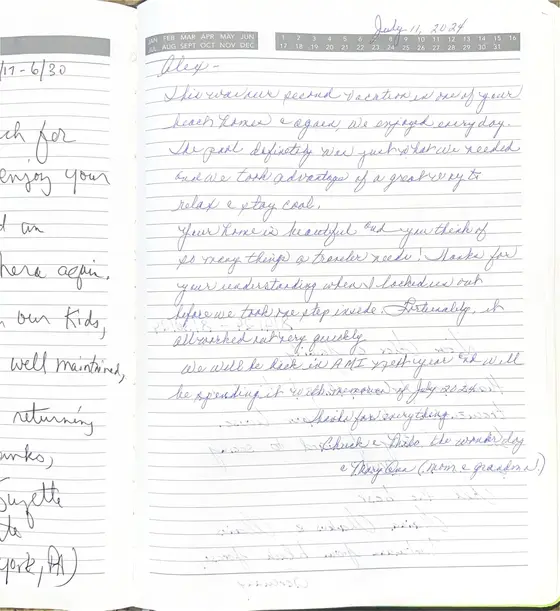 Handwritten guest book page from Chuck, Mary Ann & Thilo the wonder dog