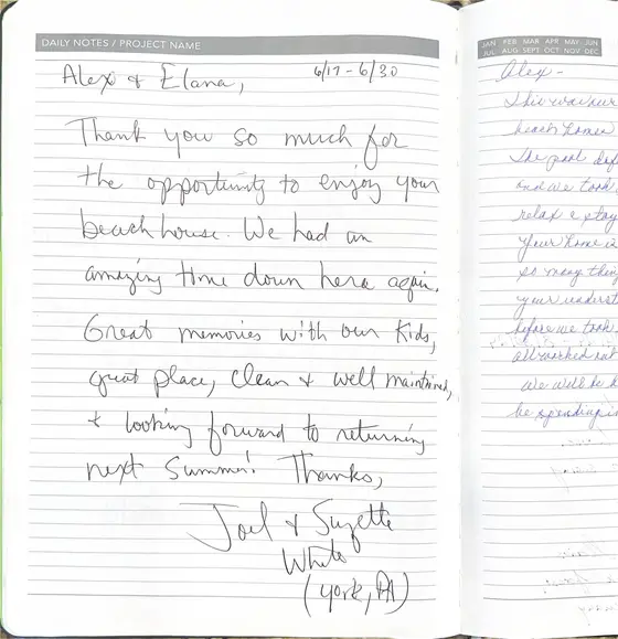 Handwritten guest book page from Joel & Suzette W.