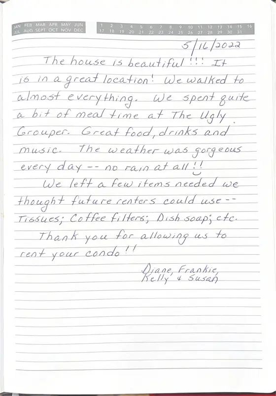 Handwritten guest book page from Diane, Frankie, Kelly & Susan