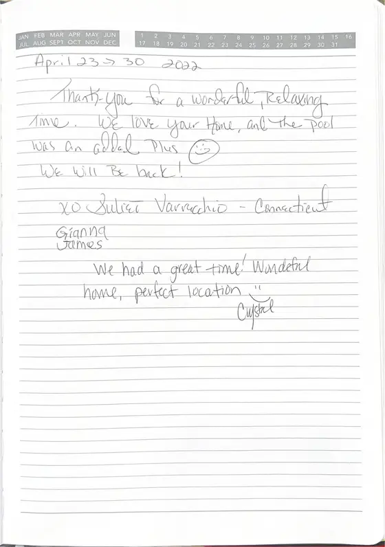 Handwritten guest book page from Crystal