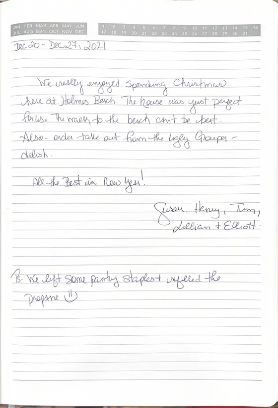 Handwritten guest book page from Susan, Henry, Tim, Lillian & Elliott