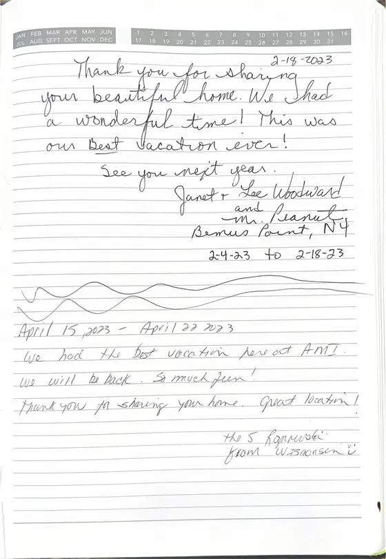Handwritten guest book page from A family of five from Wisconsin